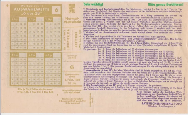 Alter Wettschein + Bayerischer Fussball-Toto + Auswahlwette 6 aus 28 + 1960