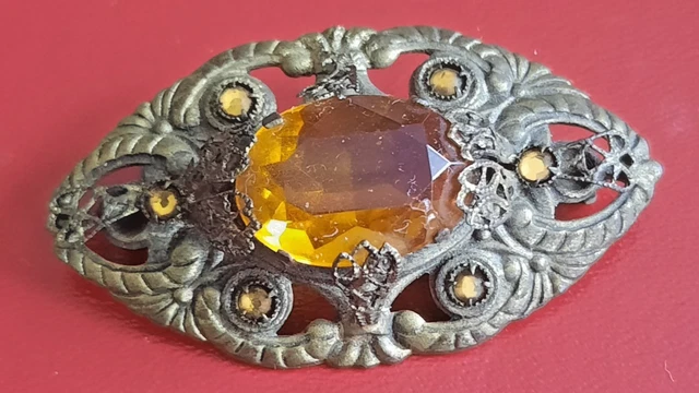 Broche Vintage Argent Massif 925 - Cabochon D'Ambre Monté Serti Clos, Occasion