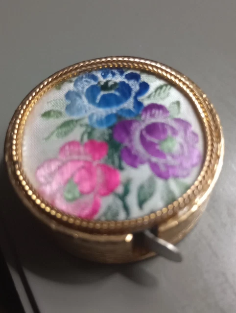 Antique Mini Round Tape Measure, Floral Silk Double Sided Brass Cased, Retracts.