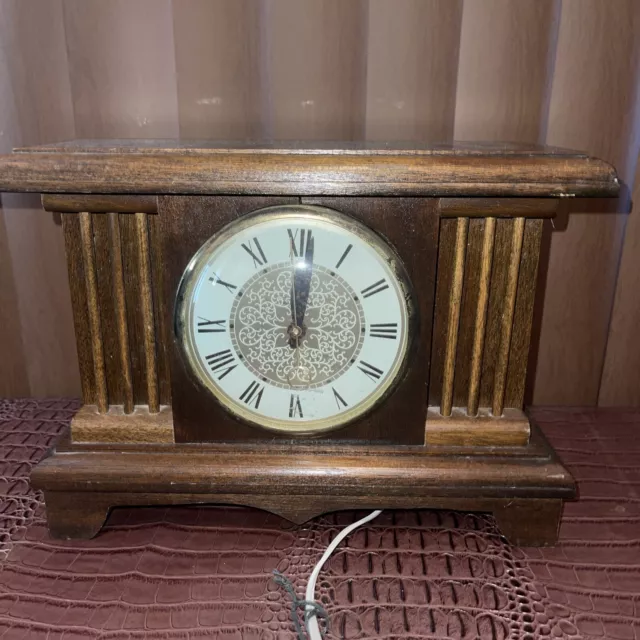 Vintage Lanshire Mantle Clock, Electric Self Starting, Large Wood & Convex Glass
