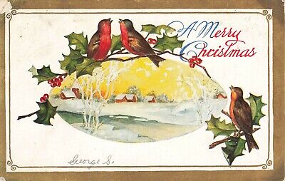 Vtg A Merry Christmas Embossed Postcard Holly Berries Winter Scene Birds Snow