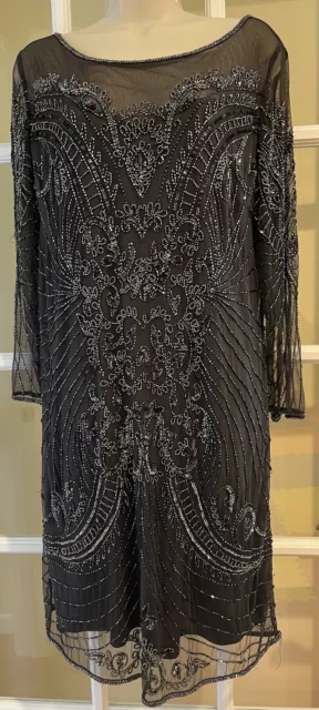 Pissarro Nights Women’s Grayish Black Beaded Knee Length Shear Dress Sz 14