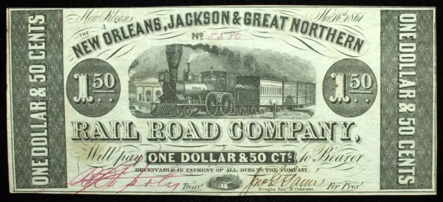 1861 $1.50 New Orleans Jackson & Great Northern Rail Road Co Obsolete Crisp XF