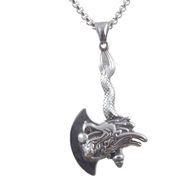 Mens Stainless Steel Viking Dragon Head Axe Pendant Necklace
