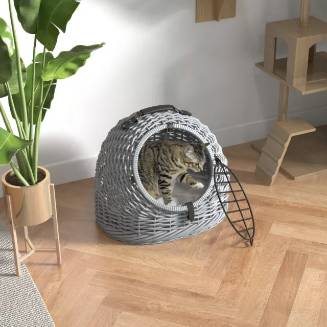 Wicker Cat Basket Kitten Pussy Bed Portable w/Soft Mat&Handle Lightweight  -Grey