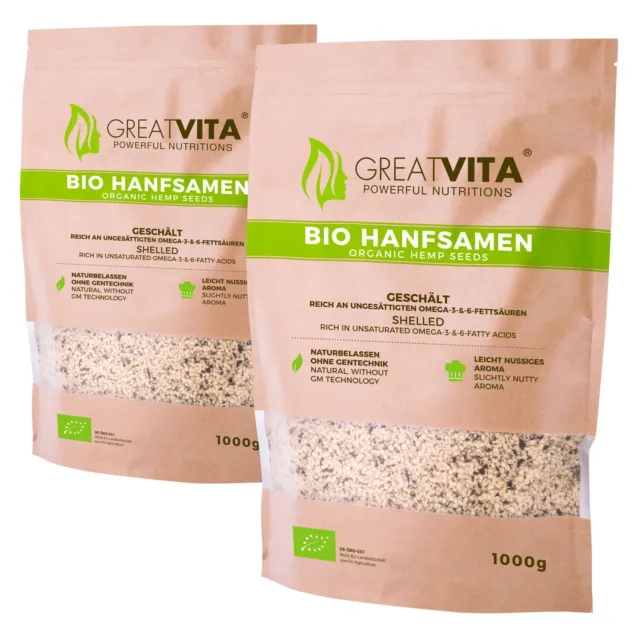GreatVita Bio Hanfsamen 2x1000g geschält | 2kg natürliches Protein Eiweiß vegan