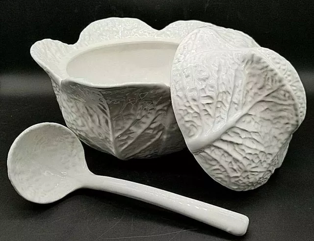 Large HIMARK White Majolica Cabbage Leaf Soup Tureen w Ladle & Lid Portugal Vtg