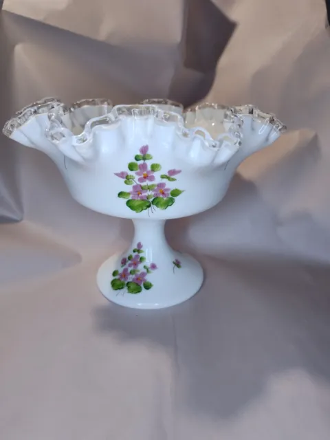 Fenton Silver Crest Ruffled Pedestal Bowl Hand Painted Violets by Nancy Gribble