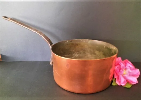 Antique French Copper Saucepan Cooking Pot Lrg 20.5Cm Rustic Kitchen Jardiniere