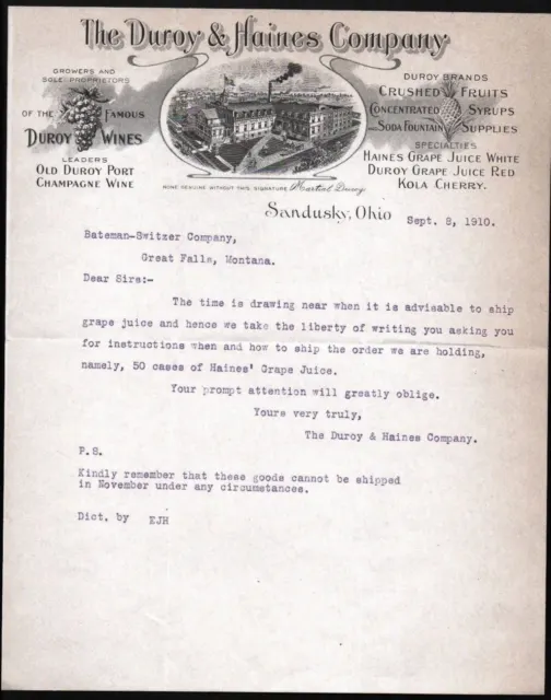1910 Sandusky Oh - Duroy & Haines Co - Wines Grape Juice Kola - Letter Head Bill