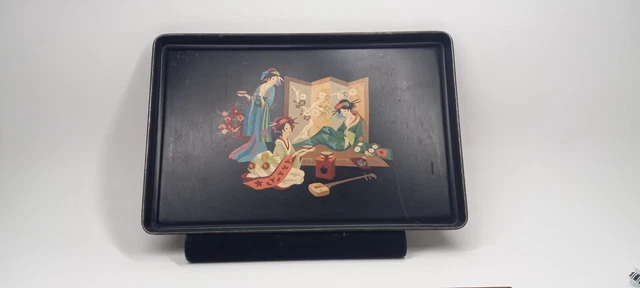 Vtg Mid Century Paint By Number Tole Tray Geishas Japan Scene 15” X 19” Black