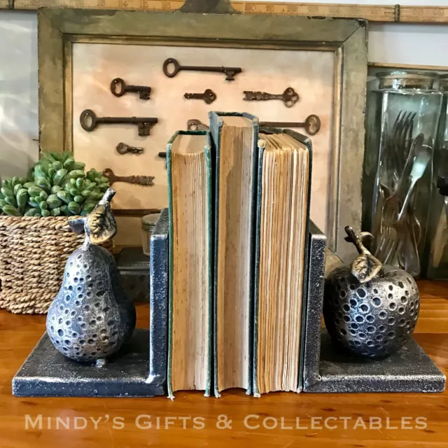 Pair of Heavy Metallic Silver Apple & Pear Book Ends Bookends Ornament RRP $69