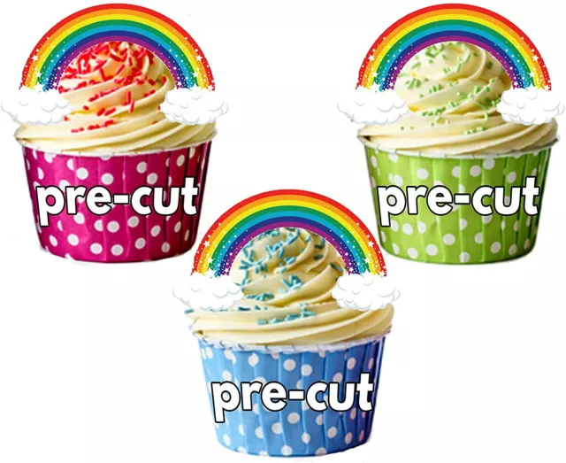 PRECUT Sparkling Rainbows Edible Cupcake Toppers Cake Decorations Birthday Event