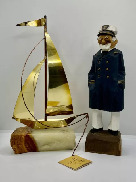 VTG Yosi Brass/Onyx Boat Sculpture & Tom Hannah Hand Carved Sea Captain Figurine