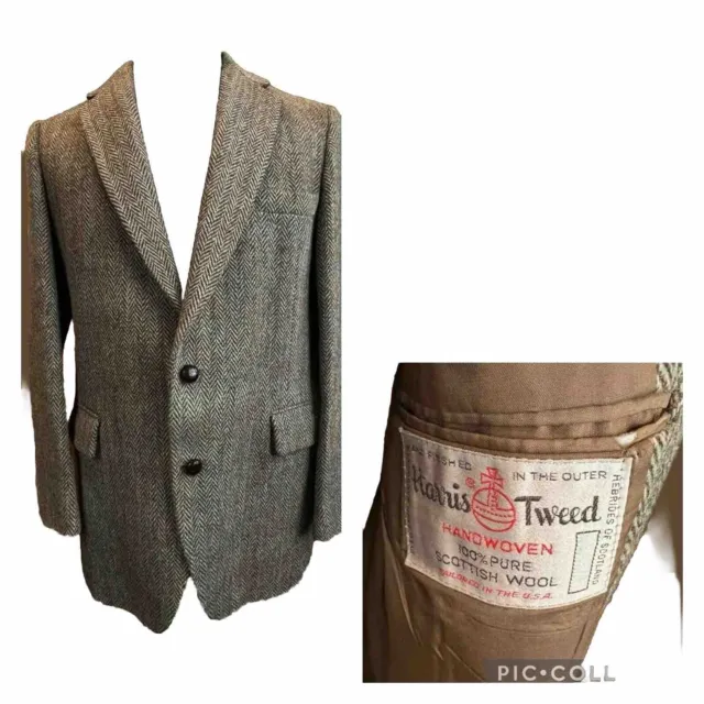 Harris Tweed Vtg Mens Brown 100% Scottish Wool Sport Coat Blazer Herringbone 42R