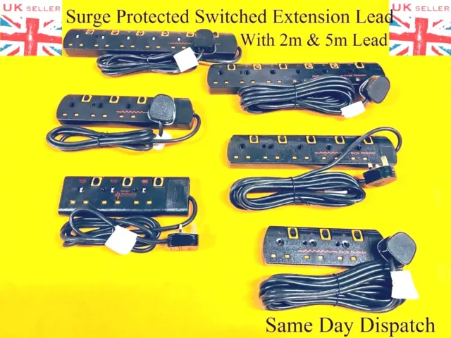 Surge Protected Switched Extension Lead Cable 2,5M Meter Metre 3 4 5 6 Way Black