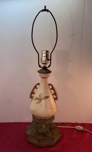 Vtg Mid-Century Oriental Flowers Koi Fish Brass Filigree Base Lamp PARTS/REPAIR