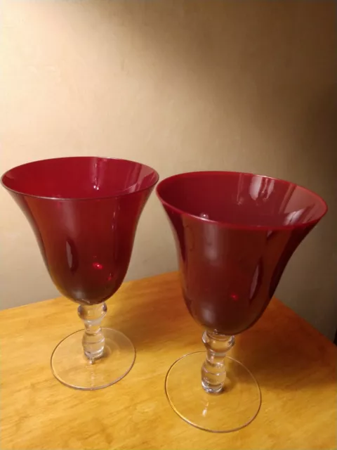 HAND BLOWN RUBY RED w/CLEAR Stem Wine Glasses, BELL Shape, STUNNING, VINTAGE