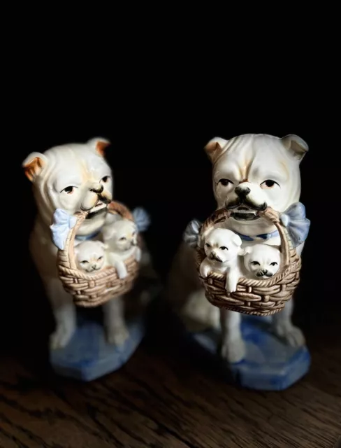 Fitz Floyd Dog Figurines of Porcelain, Pugs Holding a Basket of Puppies, Vintage