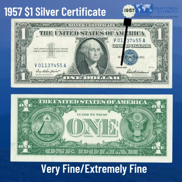 ✔ One 1957 Blue Seal $1 Dollar Silver Certificate, VF/XF, Old US ONE Dollar Bill 2