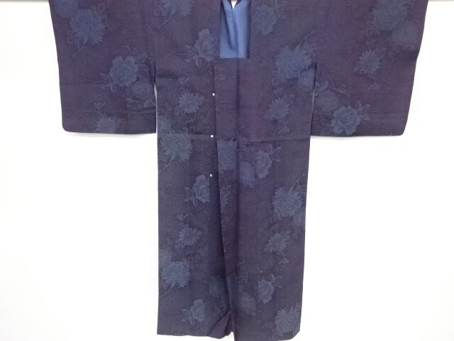 35873# Japanese Kimono / Antique Hitoe Michiyuki Coat / Woven Kiku & Rose