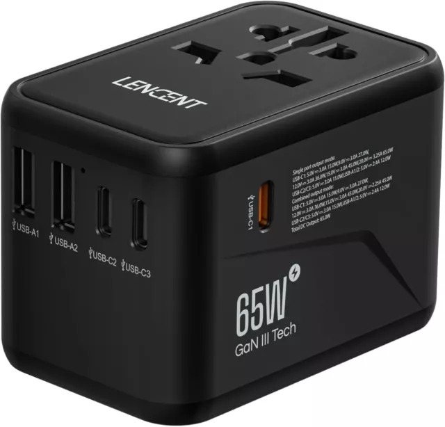 LENCENT 65W Gan III Universal Travel Adapter PD Fast Charging w 2 USB 3 Type-Au