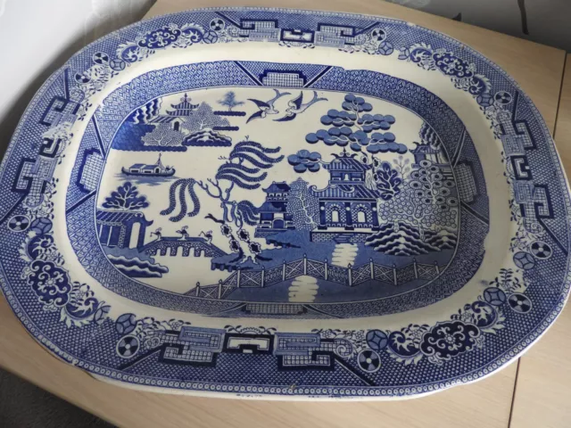 Antique Large Blue & White Willow Pattern Meat Platter
