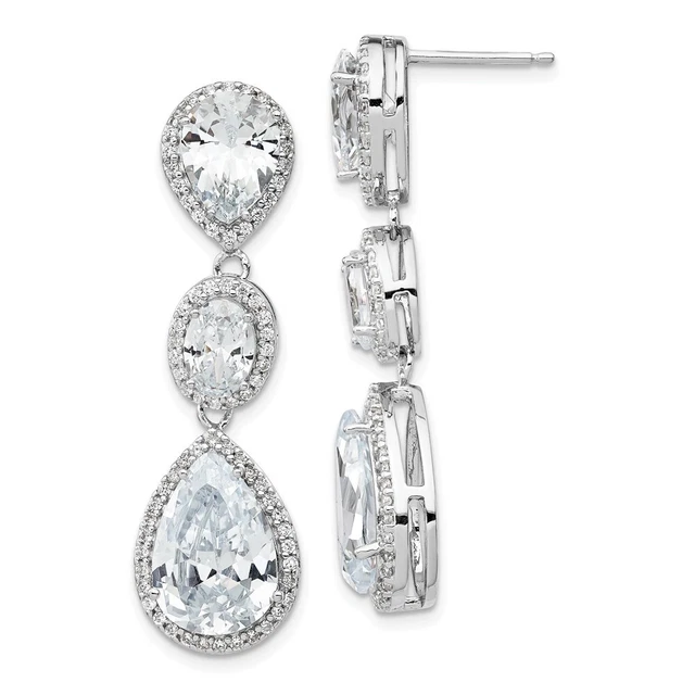 Sterling Silver Rhodium-plated Three Teardrop CZ Halo Drop and Dangle Earring