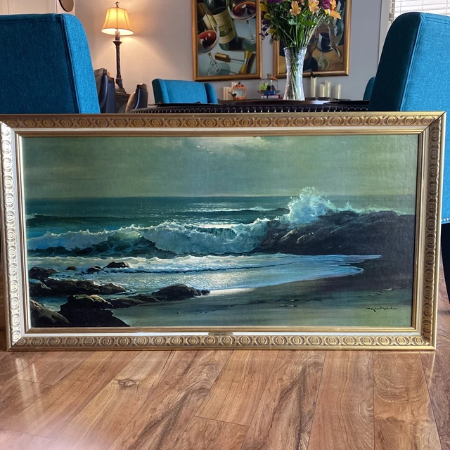 VINTAGE ROBERT WOOD “Golden Surf” Large Oil Painting Print In Gorgeous