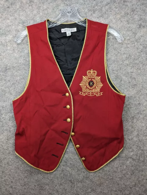 Karen Kane Vest Womens Medium Red Wool Blend Embroidered Crest Academia Preppy *