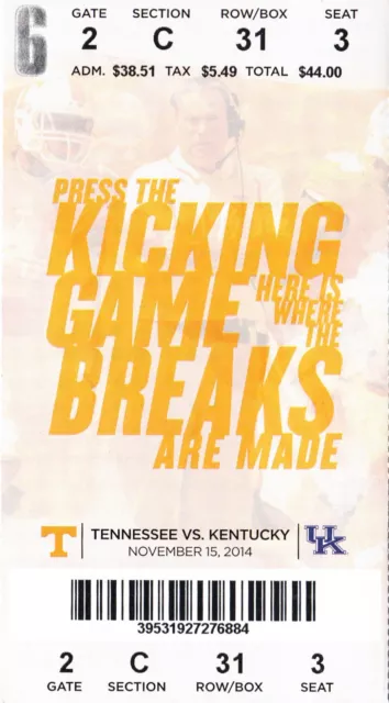 2014 Tennessee Vols Vs Kentucky Wildcats Ticket Stub 11/15 College Football