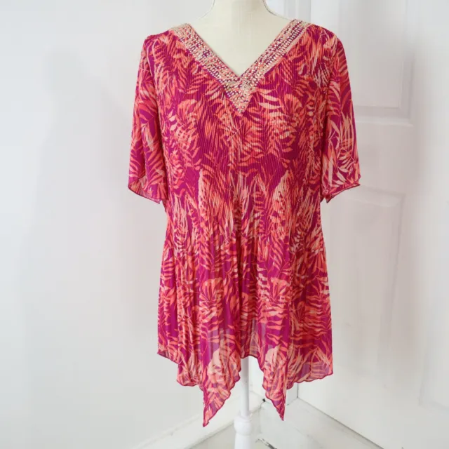 Catherines Tunic Womens 1X Petite Pink Tropical Accordion Pleated Beaded V Neck