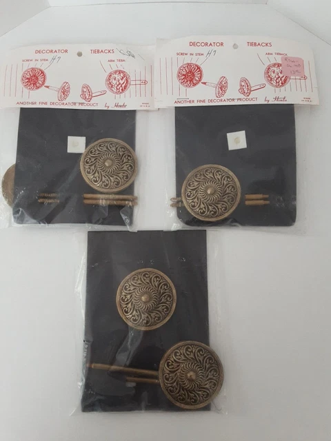 VTG Henlo Decorator Curtain Tiebacks 3 sets H7  2.5" Round Brass Floral Design