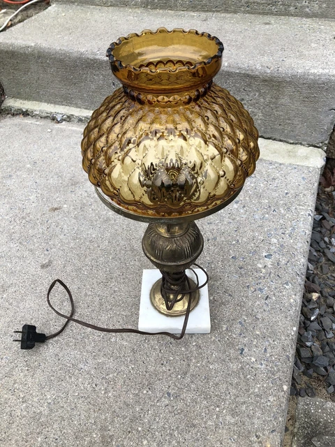 Vintage~Amber Glass~Lamp~Marble Base~Amber Quilted Glass Shade~Table Lamp~1960's
