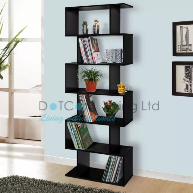 Wood Bookcase Bookshelf S Shape 6 Tier Shelves Free Shelving Storage Black Unit