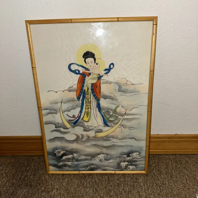 VTG Japanese  Painting On Silk Madonna And Child 14x20.5”