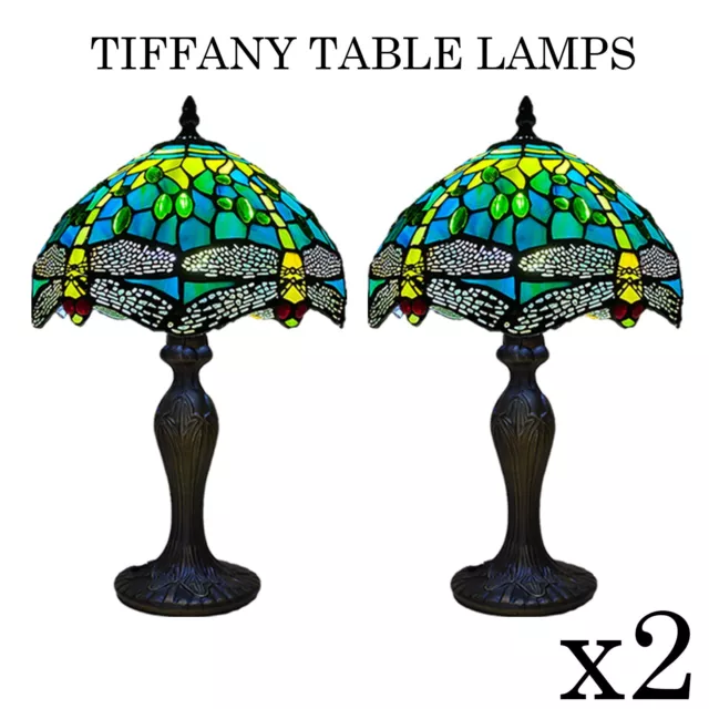 Tiffany Style 10 Inch Green Shade Multicolor Dragonfly Table Lamp Stained Glass