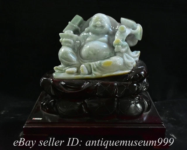 9.6" Old Chinese Dynasty Natural Jadeite Jade Carving Maitreya Buddha Statue