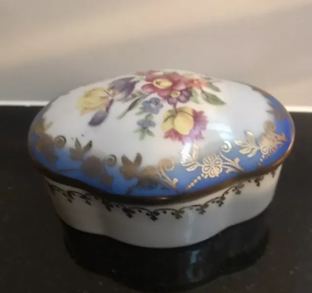 DRESDEN China Porcelain Trinket Dish Pill Box Lid Floral Blue Gilt Edge CH47