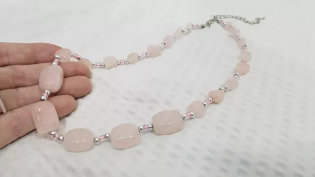 Vintage Pink Rose Quartz and Silver Tone Freeform Bead Choker Necklace