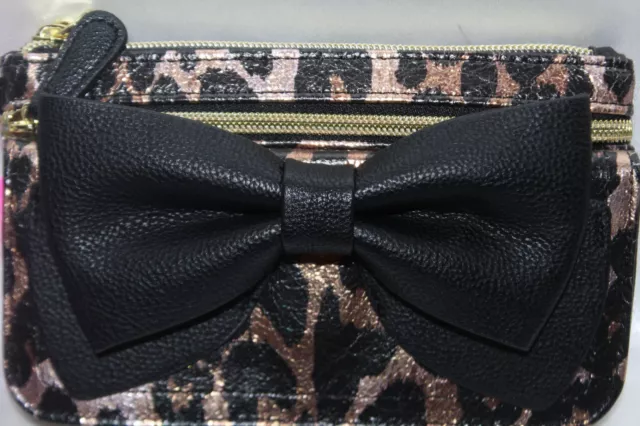 NEW! BETSEY JOHNSON Cheetah Ready Set Bow Faux Leather Zip Clutch Wristlet $65 2