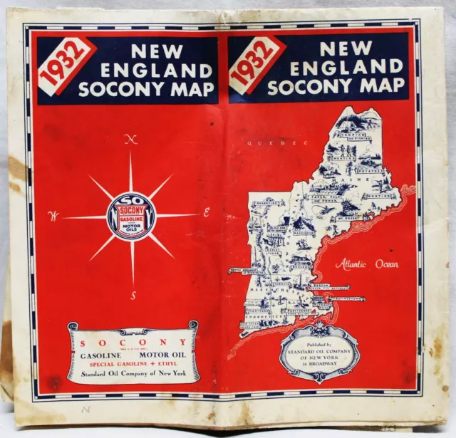 Socony Oil Service Station Highway Road Map Of New England States 1932 Vintage