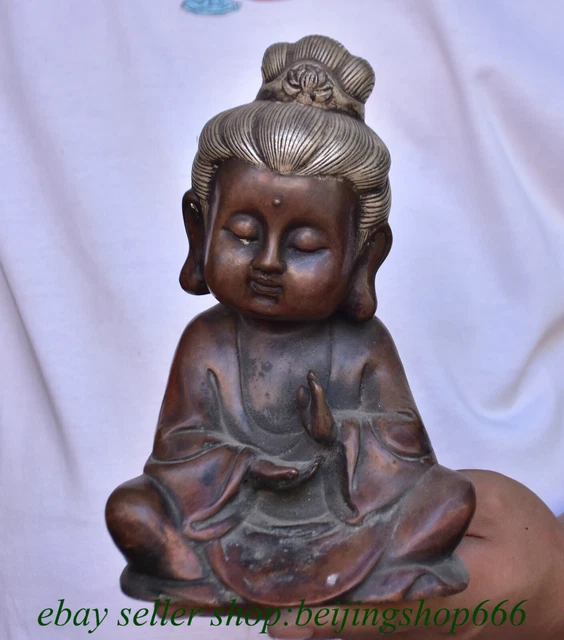 8" Old Chinese Copper Silver Tongzi Kwan-yin Guan yin Goddess Statue