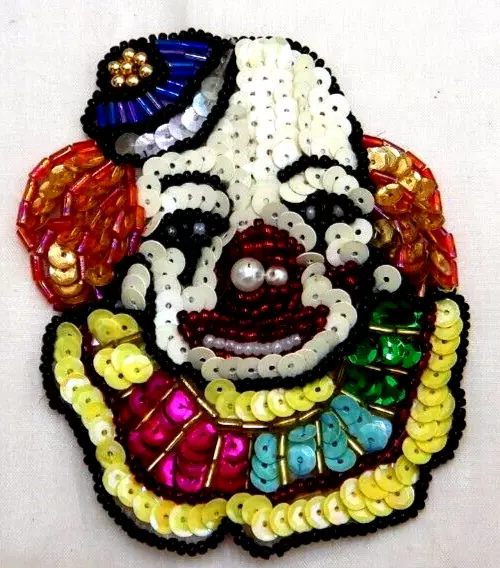 Parche de Colección 3 3/4 x3" Cabeza de Payaso Mardi Gras Circo Lentellera Cuentas Arco Iris Aplique 3