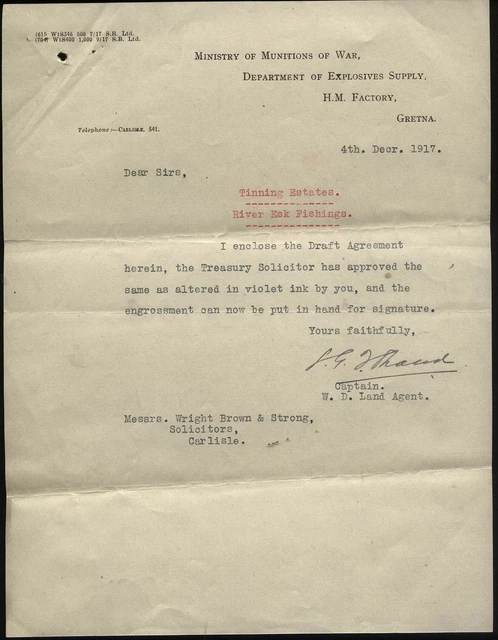 1917 GRETNA, H.M.FACTORY, Ministry of Munitions of War, 2 letters re