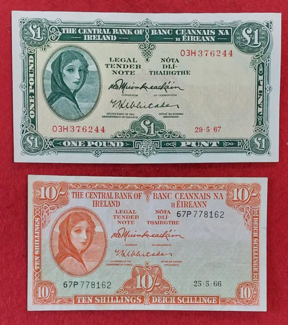 Ireland Eire 2 Lady Lavery Banknotes 1967 £1 Pound 1966 10 Shillings No Pinholes