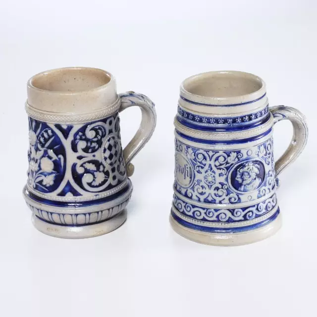 Pair (2) Antique Blue Salt Glazed German Stoneware Stein Mugs, 4.5"H