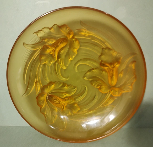 Antique Large Art Deco Jobling Daffodils Amber Art Glass Bowl Dish