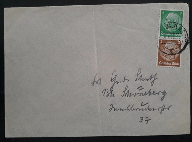SCARCE 1937 Germany Cover ties 2 se-tenant stamps cancelled Berlin to Schöneberg