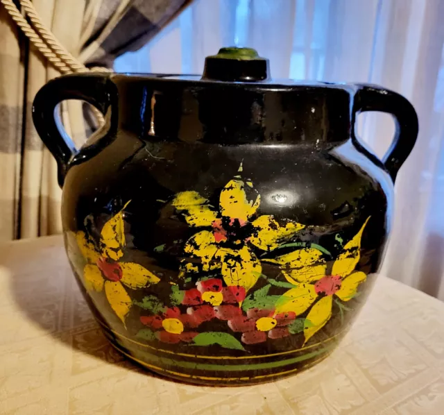 Vintage #4 Stoneware Crock Jar with Lid Black Glaze, Floral Handpainted Pottery